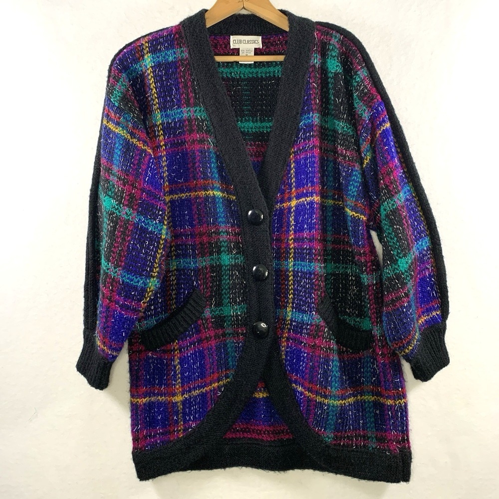 VTG Womens Oversized‎ Plaid Tunic Cardigan Sweater Medium Academia Grunge Chunky